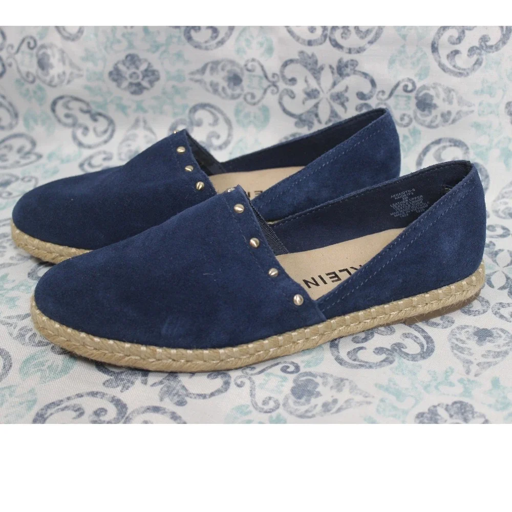 ANNE KLEIN Navy Blue Suede Espadrille Flats‎ Studded Detail Slip On Shoes 8M